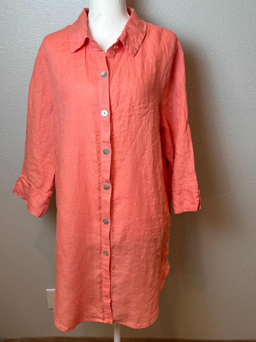 CHALET Linen Button Front Tunic Shirt L Coral Shrimp Pink Side Button Lagenlook